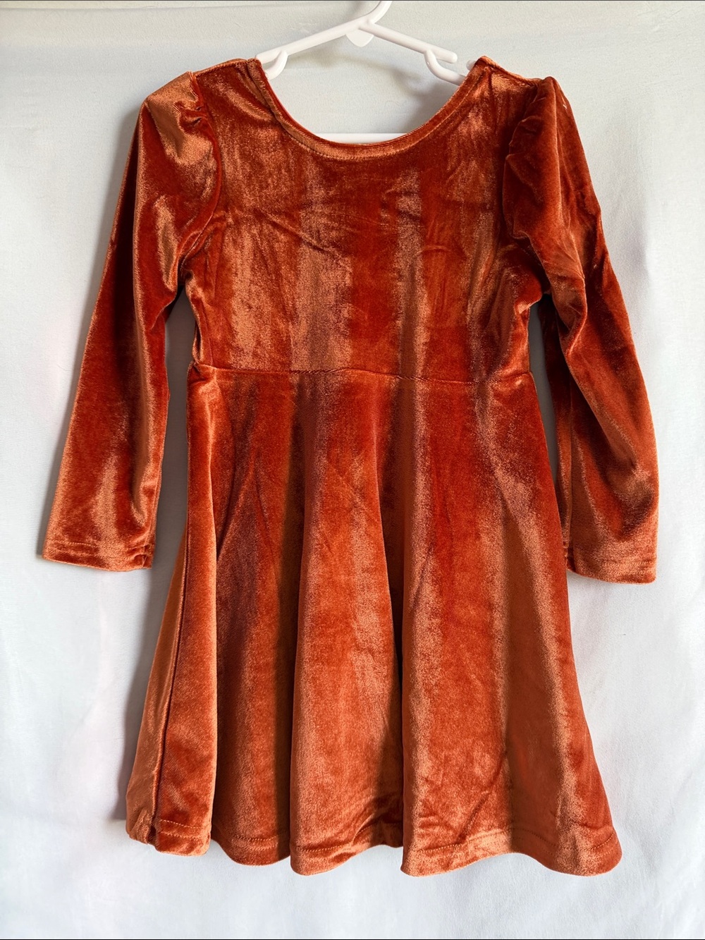 Kids Velvet Long-Sleeve Skater Dress in Rust